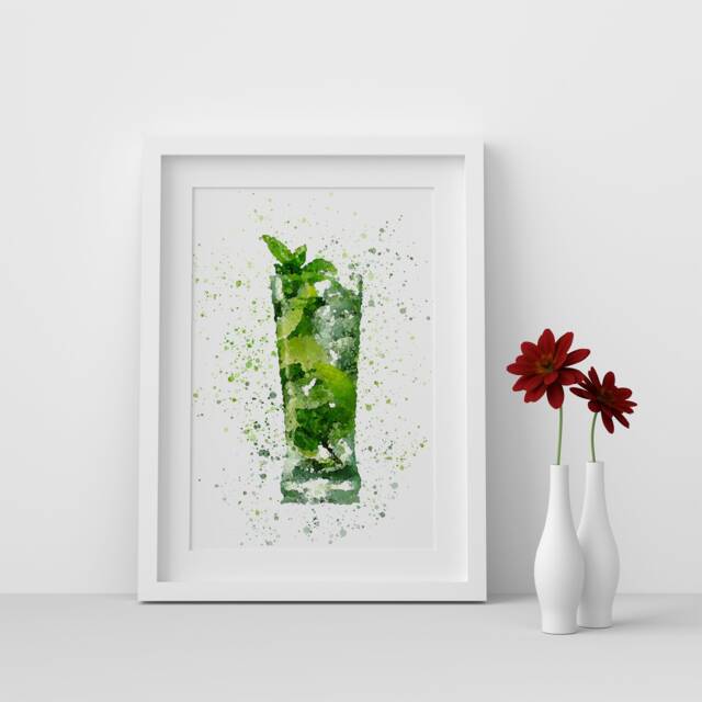 Mojito Cocktail Watercolour Splash A3, A4, 10x8, 8x6, 5x7 & 4x6 Wall Art Prints