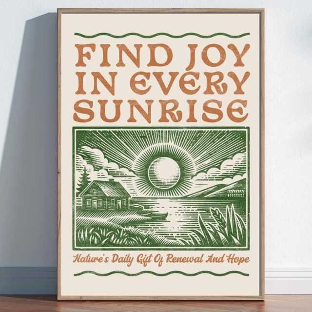 Vintage Sunrise Quote Print, Find Joy in Every Poster, Rustic Woodcut Style Art, Nature Cabin Morning Scene, Countryside Slow Living - image 1