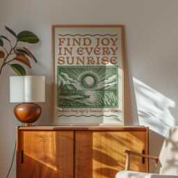 Vintage Sunrise Quote Print, Find Joy in Every Poster, Rustic Woodcut Style Art, Nature Cabin Morning Scene, Countryside Slow Living - thumbnail 2
