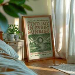 Vintage Sunrise Quote Print, Find Joy in Every Poster, Rustic Woodcut Style Art, Nature Cabin Morning Scene, Countryside Slow Living - thumbnail 3