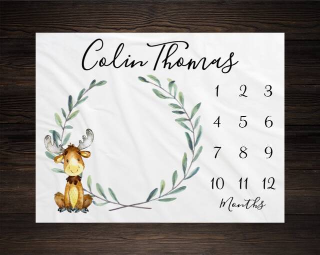 Forest Baby Milestone Blanket Month Growth Tracker Fleece Shower Newborn Forrest Animals Moose - image 1