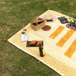 Handmade Yellow Cotton Picnic Blanket Boho Kantha Stitched Tassels - thumbnail 3