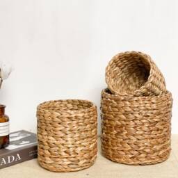 Handmade Water Hyacinth Woven Basket - Round Flower Cover Pot - thumbnail 1