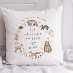 Personalised New Baby Cushion, Boy Or Girl Gift, Welcome Baby, Neutral Nursery Decor, Woodland Animals Cushion With Name - thumbnail 2