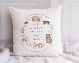 Personalised New Baby Cushion, Boy Or Girl Gift, Welcome Baby, Neutral Nursery Decor, Woodland Animals Cushion With Name