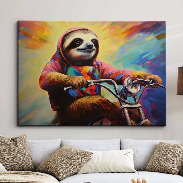 Sloth Riding A Bike Abstract Modern Painting Wall Art, Framed Canvas Poster Print, Home Kitchen Office Room Decor, Gifts - image 1