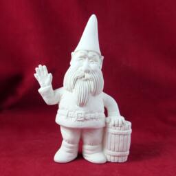 Ceramic Unpainted Waving Happy Garden Gnome With Barrel - 10 Inches, Lawn Or Garden Gnome, Outdoor Indoor