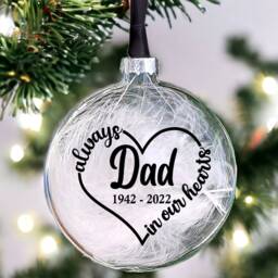 Memorial Bauble, Personalised Christmas Gift, in Loving Memory Mum, Dad, Always Our Hearts, Glass Bauble 10 Colours 3 Fillings - thumbnail 2
