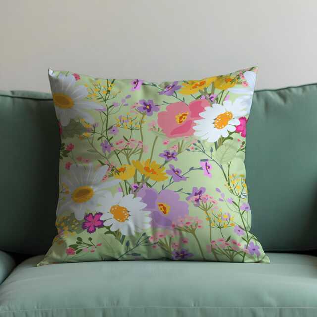 Floral Cushion Cover, Meadow Flower Spring Throw Pillowcase, Pastel Green Botanical Decorative Pillow Cover - image 1