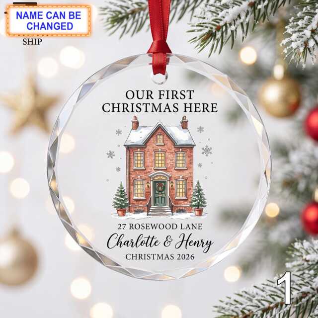 Our First Christmas Here Glass Ornament, Personalized Red Brick House Keepsake, Custom Family Address Gift With Snowy Holiday Decor - image 1