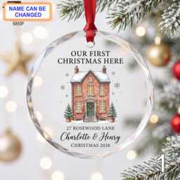 Our First Christmas Here Glass Ornament, Personalized Red Brick House Keepsake, Custom Family Address Gift With Snowy Holiday Decor - thumbnail 1