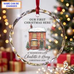 Our First Christmas Here Glass Ornament, Personalized Red Brick House Keepsake, Custom Family Address Gift With Snowy Holiday Decor - thumbnail 2