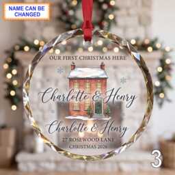 Our First Christmas Here Glass Ornament, Personalized Red Brick House Keepsake, Custom Family Address Gift With Snowy Holiday Decor - thumbnail 3