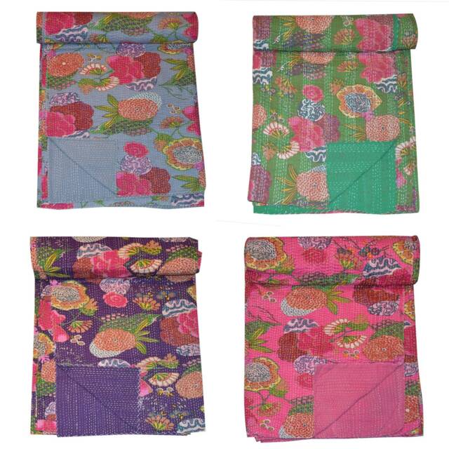 Handmade Fruit Print Kantha Quilt Wage Blanket, Indian Bed Cover, Hand Stitched Bedspread, Bohemian Bedding - image 1