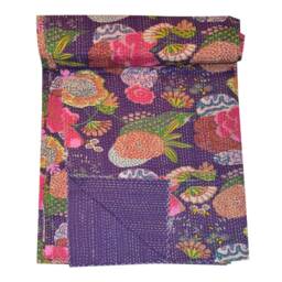 Handmade Fruit Print Kantha Quilt Wage Blanket, Indian Bed Cover, Hand Stitched Bedspread, Bohemian Bedding - thumbnail 3
