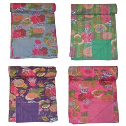 Handmade Fruit Print Kantha Quilt Wage Blanket, Indian Bed Cover, Hand Stitched Bedspread, Bohemian Bedding