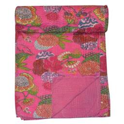 Handmade Fruit Print Kantha Quilt Wage Blanket, Indian Bed Cover, Hand Stitched Bedspread, Bohemian Bedding - thumbnail 4