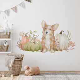 Watercolor Corgi Wall Decal Pumpkins & Flowers, Fall Nursery Decor - thumbnail 2