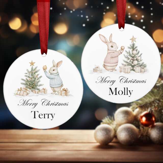 Personalised Bauble Christmas Ornament 2024 - Bunny Rabbit For Boy Girl Pink Blue Acrylic Hanging Tree Decoration Gift Love - image 1