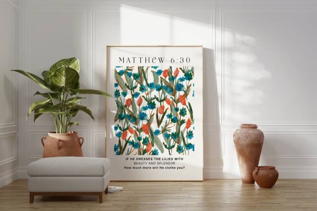 Matthew Flower Market Blue - Printed & Shipped Modern Scripture Decor Bible Verse Prints Christian Home Print - image 1