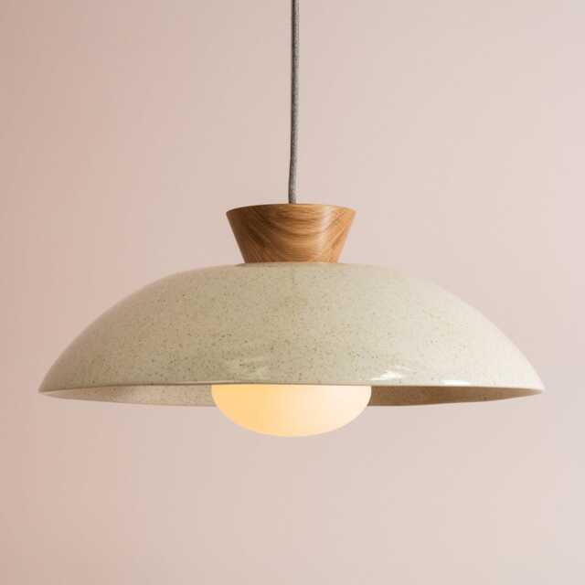 Speckled Cream Gloss Xl Dawn Pendant Light in Ceramic & Oak - image 1