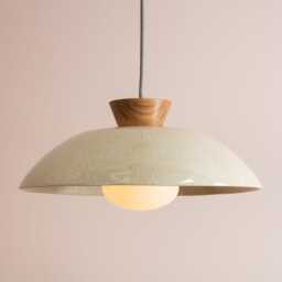 Speckled Cream Gloss Xl Dawn Pendant Light in Ceramic & Oak - thumbnail 1