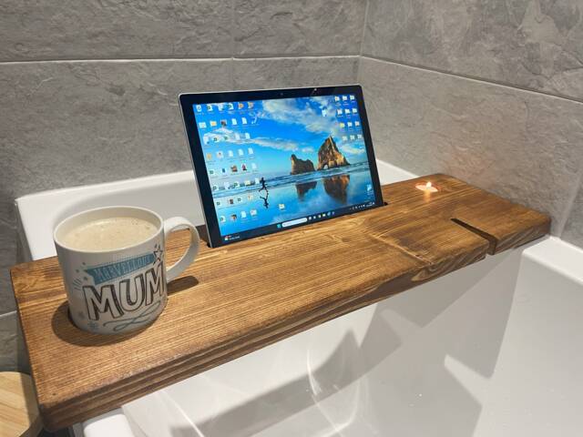 Grisedale Bath Board - Caddy Bathtray Rustic Home Bathroom Decor Bespoke Tray Tea Lights Mug Slot Ipad Bathroom - image 1