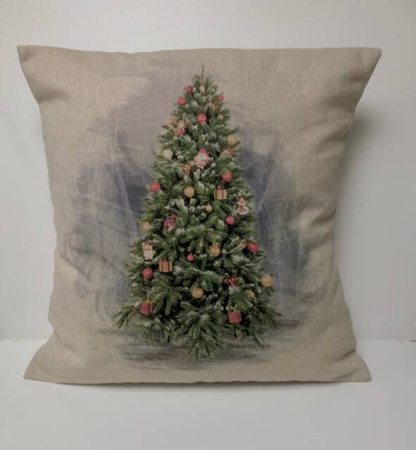 Handmade Christmas Tree Print Cushion Cover - Linen Look - 16 Inch - image 1