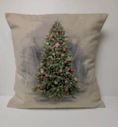 Handmade Christmas Tree Print Cushion Cover - Linen Look - 16 Inch - thumbnail 1