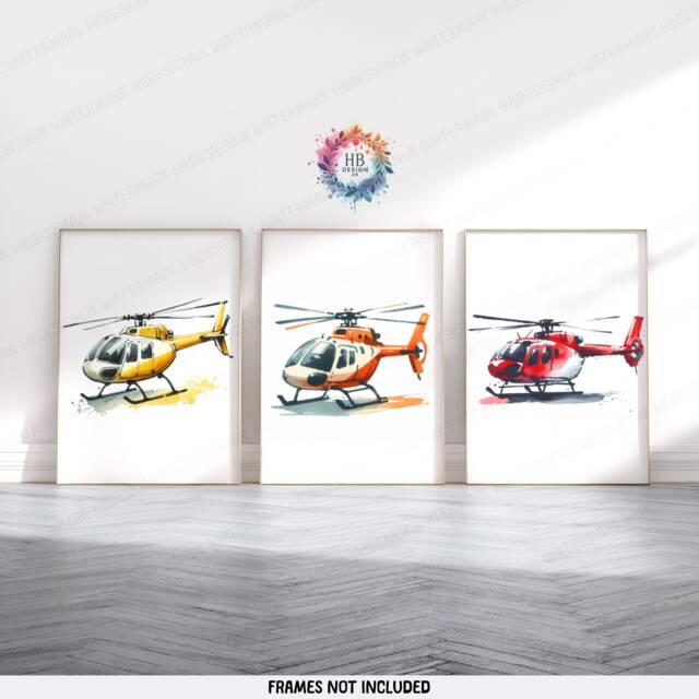 Helicopter Poster Prints - Set Of 3 - Boys Bedroom Decor Aircraft Wall Art Watercolor Style Kids Nursery Print Aviation Gifts - image 1