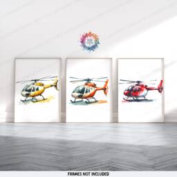 Helicopter Poster Prints - Set Of 3 - Boys Bedroom Decor Aircraft Wall Art Watercolor Style Kids Nursery Print Aviation Gifts - thumbnail 1