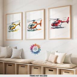 Helicopter Poster Prints - Set Of 3 - Boys Bedroom Decor Aircraft Wall Art Watercolor Style Kids Nursery Print Aviation Gifts - thumbnail 2