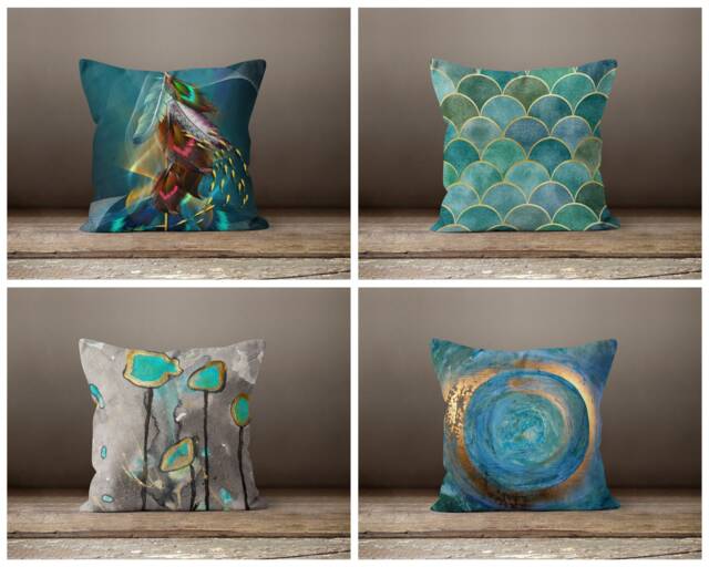 Blue Green Cushion Cover-Abstract Pillow Case-Modern Flower Case-Garden Throw Cover-Gift For Her Cushion-Handmade Material - image 1