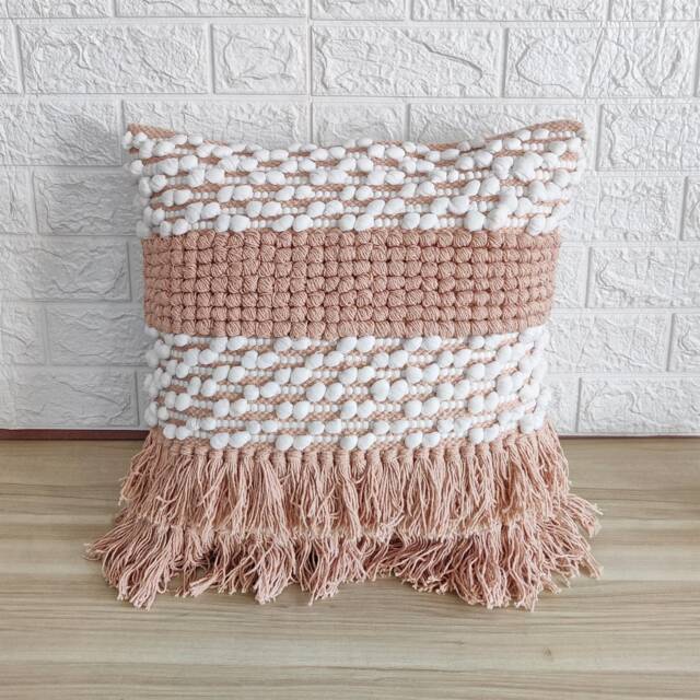 Blush Pink Decorative Hand Loom Woven Cotton Polyester Textured Fringe Pillow Cover 18x18 Inches Throw Case - image 1