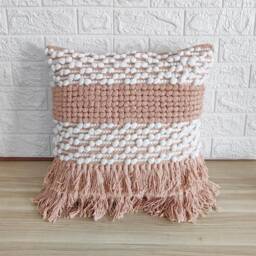 Blush Pink Decorative Hand Loom Woven Cotton Polyester Textured Fringe Pillow Cover 18x18 Inches Throw Case