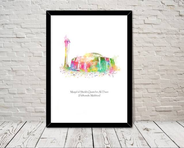 Maldives Masjid Al Sheikh Qasim Bin Al-Thani Islamic Art Watercolour Illustration Prints Islamic Wall Gifts Muslim