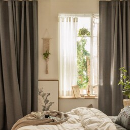 Gray-Brown Linen Look Blackout Curtain Set, Insulating Room Darkening Panels - thumbnail 2