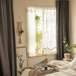 Gray-Brown Linen Look Blackout Curtain Set, Insulating Room Darkening Panels - thumbnail 3