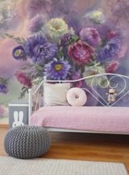 Violet Asters Watercolor Wall Mural, Adhesive, Garden, Floral Wallpaper, Nursery Peel & Stick, Watercolor, Painting, Art #56