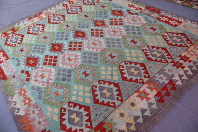 9x10 Ft Afghan Kilim Rug Large Handmade Rug, Veg Dyes Wool Flatweave Rug, Oriental Bedroom Turquoise Pastel Blue Green Red 8'9x9'8 - image 1