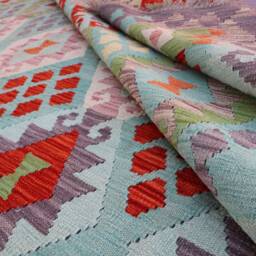 9x10 Ft Afghan Kilim Rug Large Handmade Rug, Veg Dyes Wool Flatweave Rug, Oriental Bedroom Turquoise Pastel Blue Green Red 8'9x9'8 - thumbnail 3