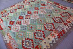 9x10 Ft Afghan Kilim Rug Large Handmade Rug, Veg Dyes Wool Flatweave Rug, Oriental Bedroom Turquoise Pastel Blue Green Red 8'9x9'8 - thumbnail 1