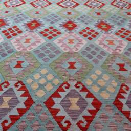 9x10 Ft Afghan Kilim Rug Large Handmade Rug, Veg Dyes Wool Flatweave Rug, Oriental Bedroom Turquoise Pastel Blue Green Red 8'9x9'8 - thumbnail 4