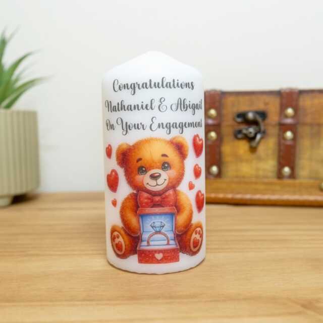 Personalised Teddy Bear Engagement Candle Romantic Couple Gift - 12cm - image 1