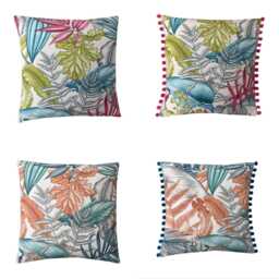 Tropical Palm Leaf Linen Cushion Cover With Pink Pom Poms - thumbnail 2