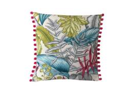 Tropical Palm Leaf Linen Cushion Cover With Pink Pom Poms - thumbnail 1