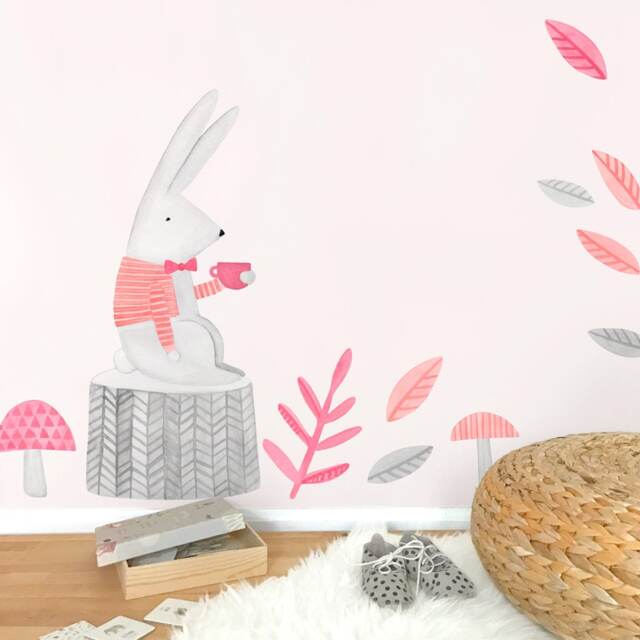 Thoughtful Rabbit - Fabric Wall Decal Woodland Pink Collection Mej - image 1