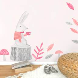 Thoughtful Rabbit - Fabric Wall Decal Woodland Pink Collection Mej - thumbnail 1