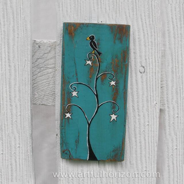Halloween Crow Painting Primitive Folk Art Star Tree On Reclaimed Wood - image 1