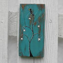 Halloween Crow Painting Primitive Folk Art Star Tree On Reclaimed Wood - thumbnail 3